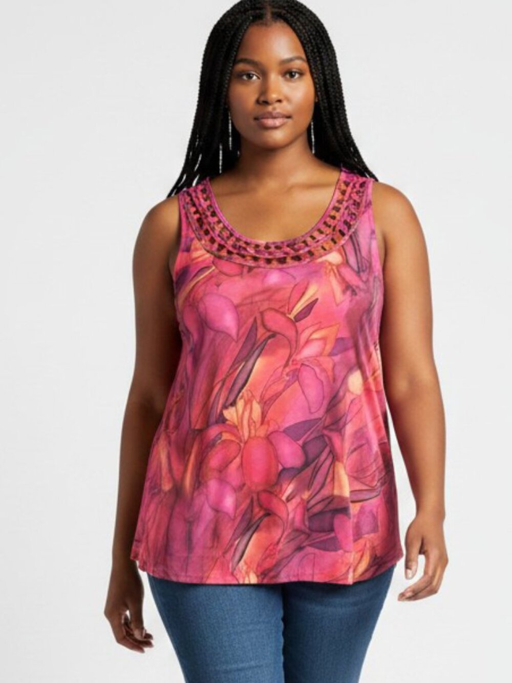 CATHERINES Lattice Neckline Tropical Floral Tank Top, Plus Size 1X